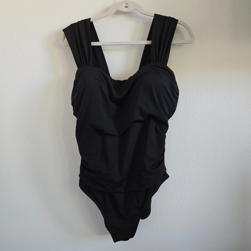 Jantzen Sz 14 Womens One Piece Swimsuit Black Ruched Side Wide Straps Minimalist